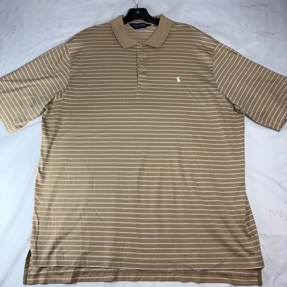 Polo Golf Ralph Lauren Mens XL Pima Cotton Striped Polo Shirt Tan White Short Sl